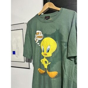 Vintage 1993 Tweety Bird Puddy Tat Looney Tunes Warner Bros Green T-Shirt Large